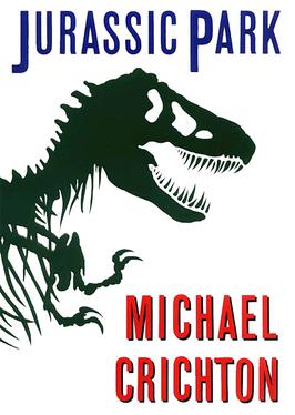 Book cover of Jurassic Park - the silhouette of a tyrannosaurus rex skeleton. 