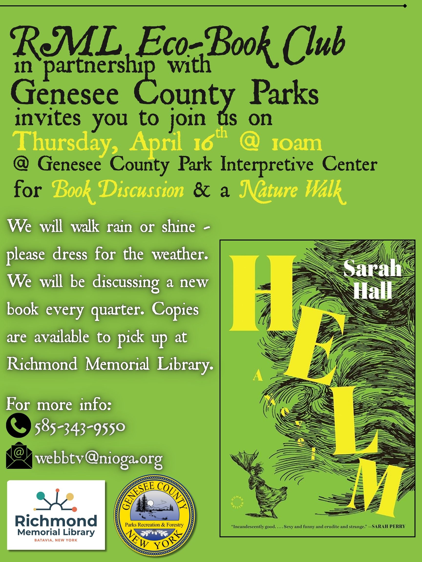 Poster advertising the library's Eco-Book Club. The book cover is Helm by Sarah Hall.